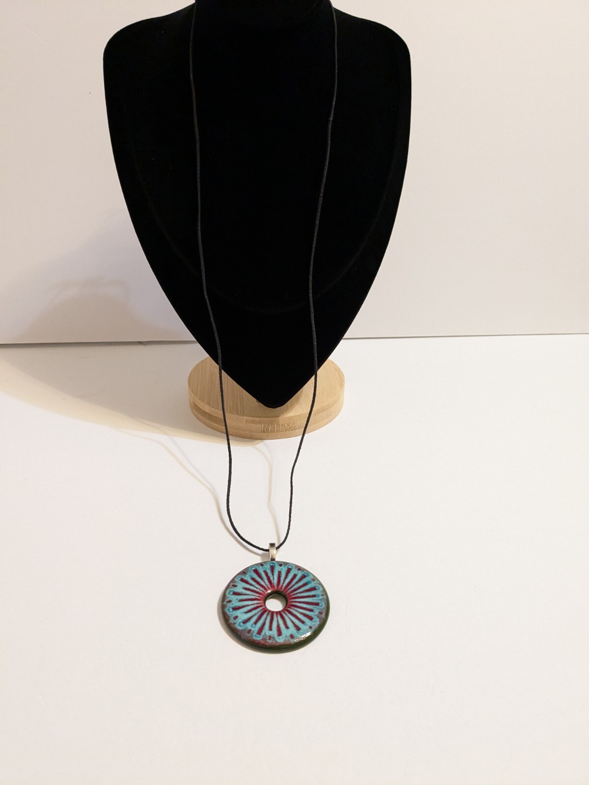Round Multicolor Resin Pendant And Black Cord Necklace. FLAWED Cord.