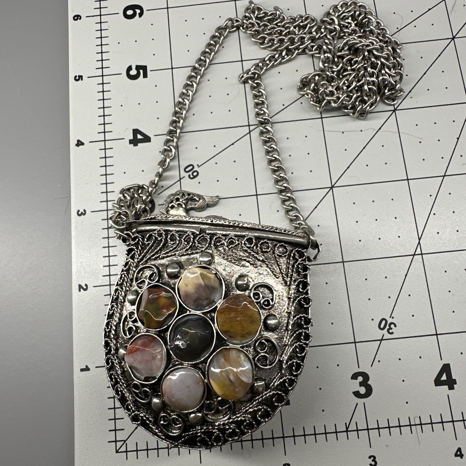 Vintage Small Silver-tone Sajai Metal Purse Necklace Agate Gemstones Tether Lid
