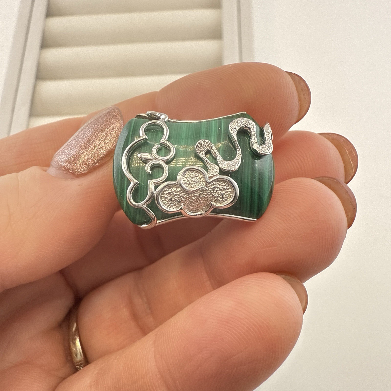 JTV Sterling Silver Ring Green Malachite size 8 Modern Modernist 925 Artisan