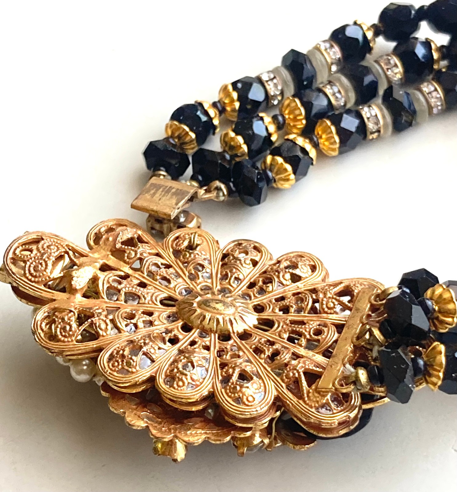 Vtg Unsigned Demario / Haskell 3 Strand Jet Black Glass Bracelet w Cluster Clasp