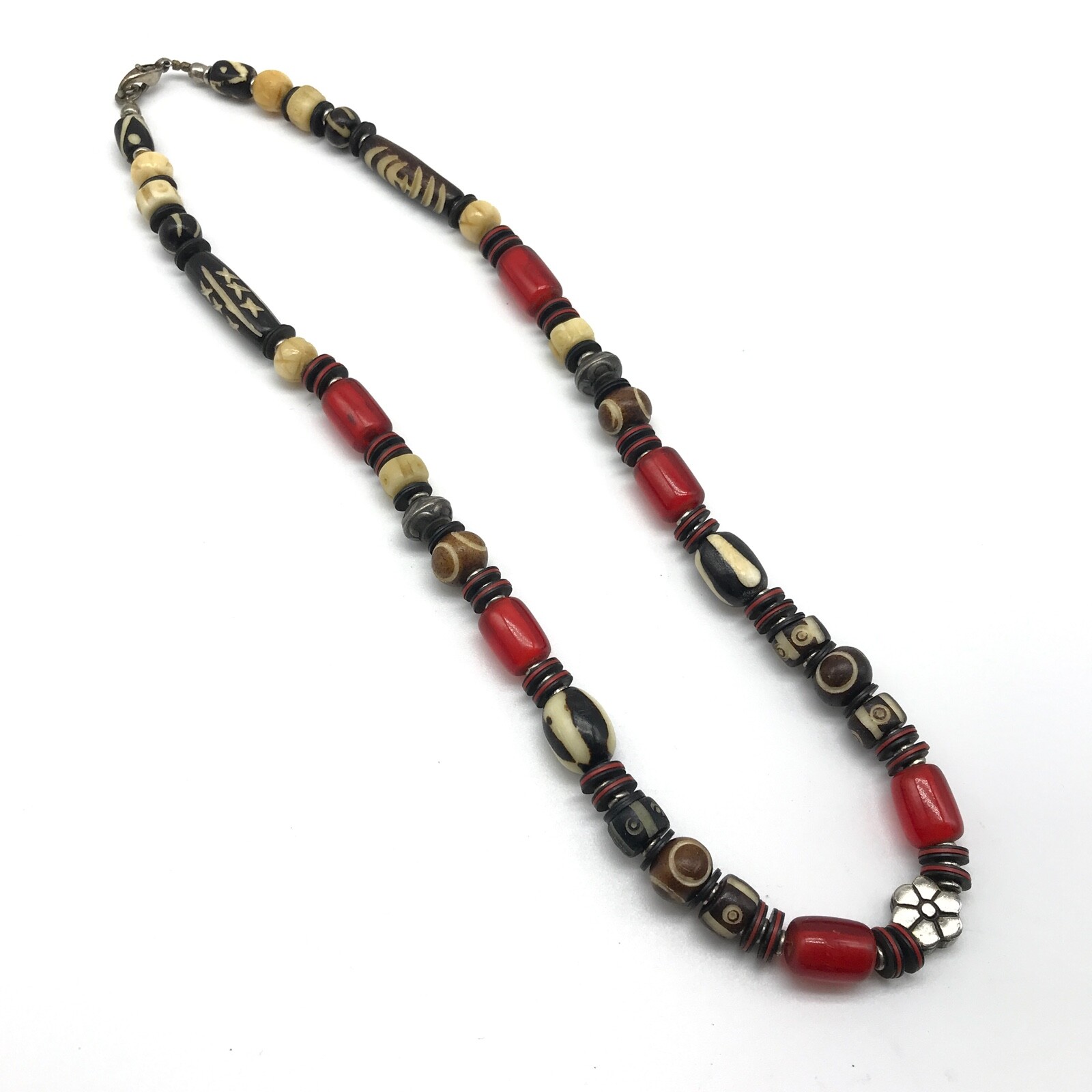 Vintage Unique Red Black Multicolor Boho Flower Beaded Ladies Necklace 19″