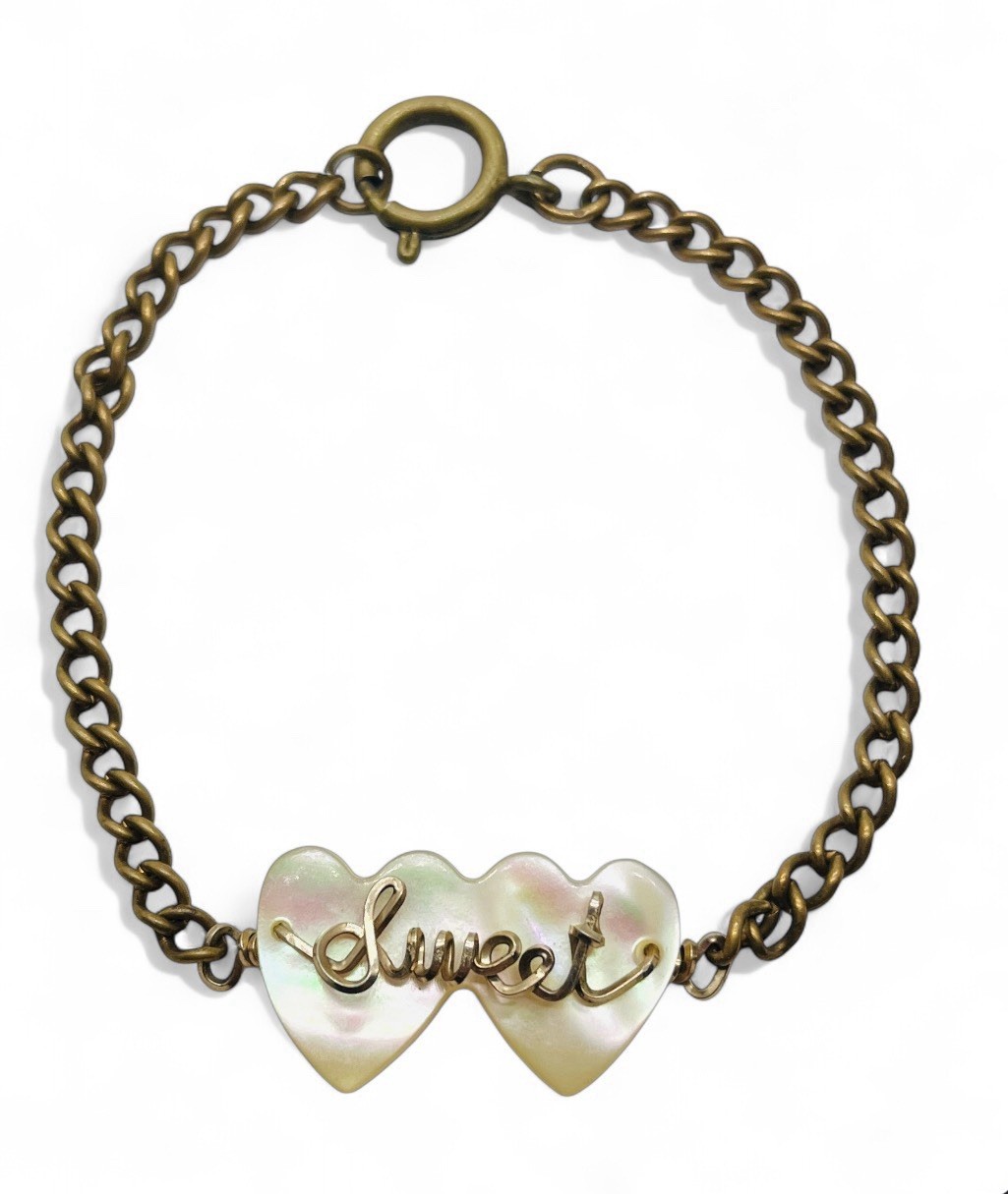 Vintage WWII Era Script Sweetheart Heart Bracelet GF Gold Filled & Antiqu Brass