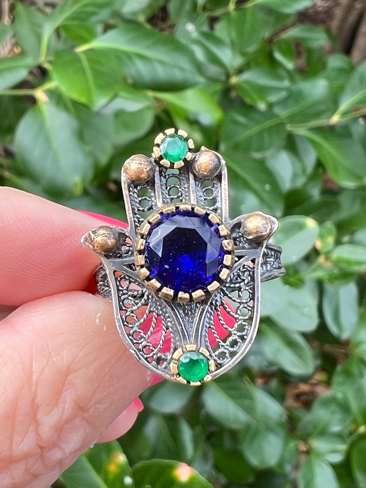 VINTAGE HAMSA VIVID BLUE GREEN PASTE GLASS STONES 925 STERLING SILVER UNIQUE