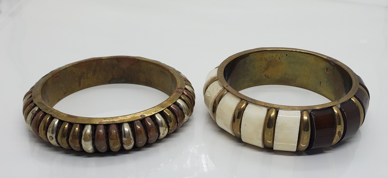 Vintage Wood Metal Bangle Bracelet White Brown Gold Lot of Two