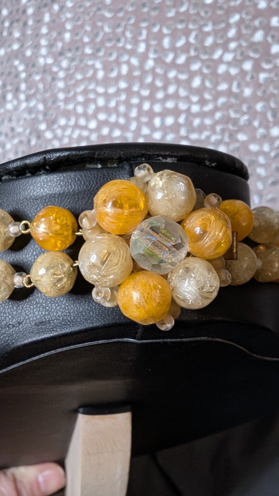 West Germany Vintage Yellow Clear Acrylic Beaded Necklace, Box Cluster Clasp 20″
