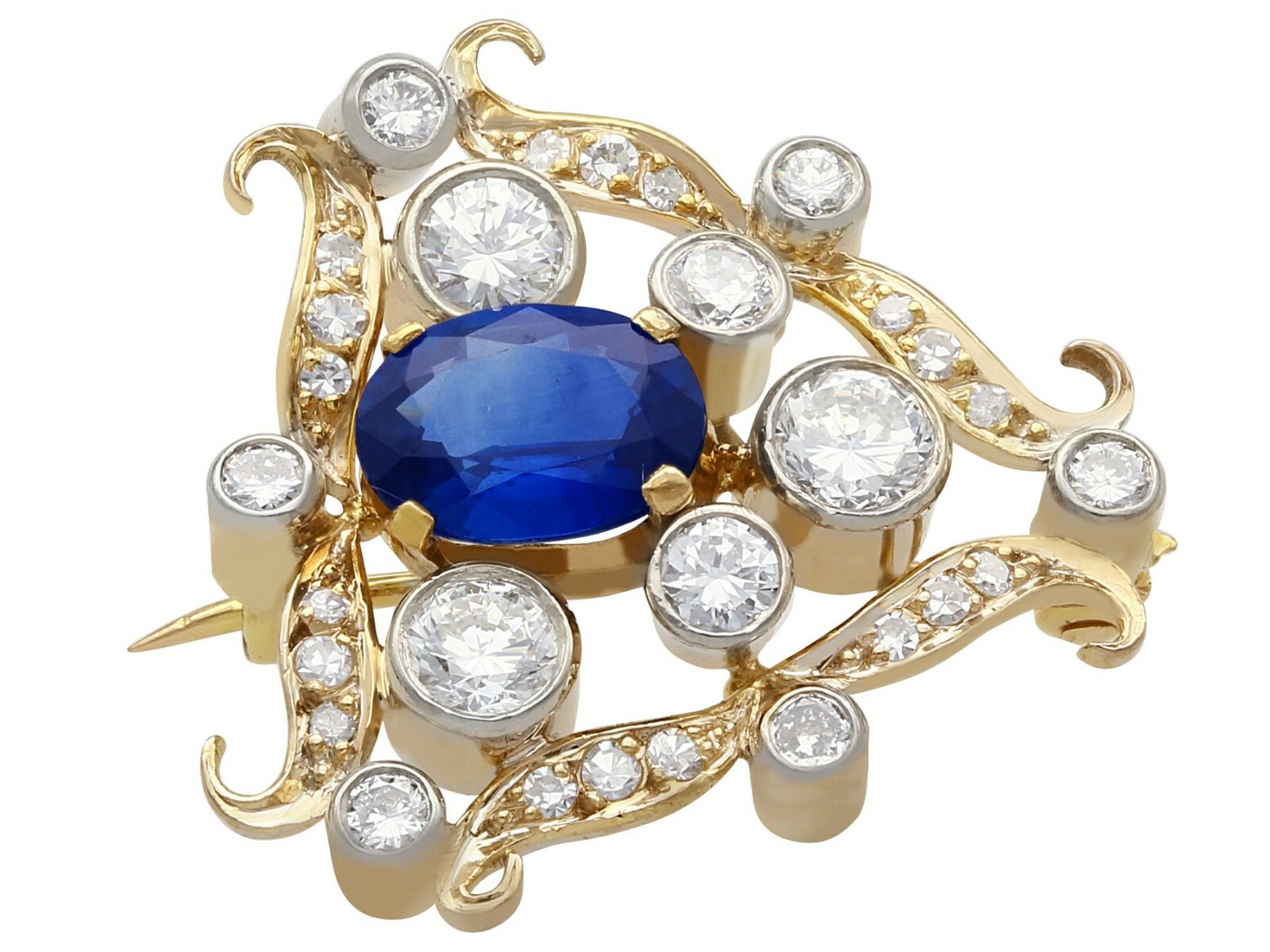 1.53 ct Sapphire and 1ct Diamond, 18ct Yellow Gold Brooch – Antique Circa 1920