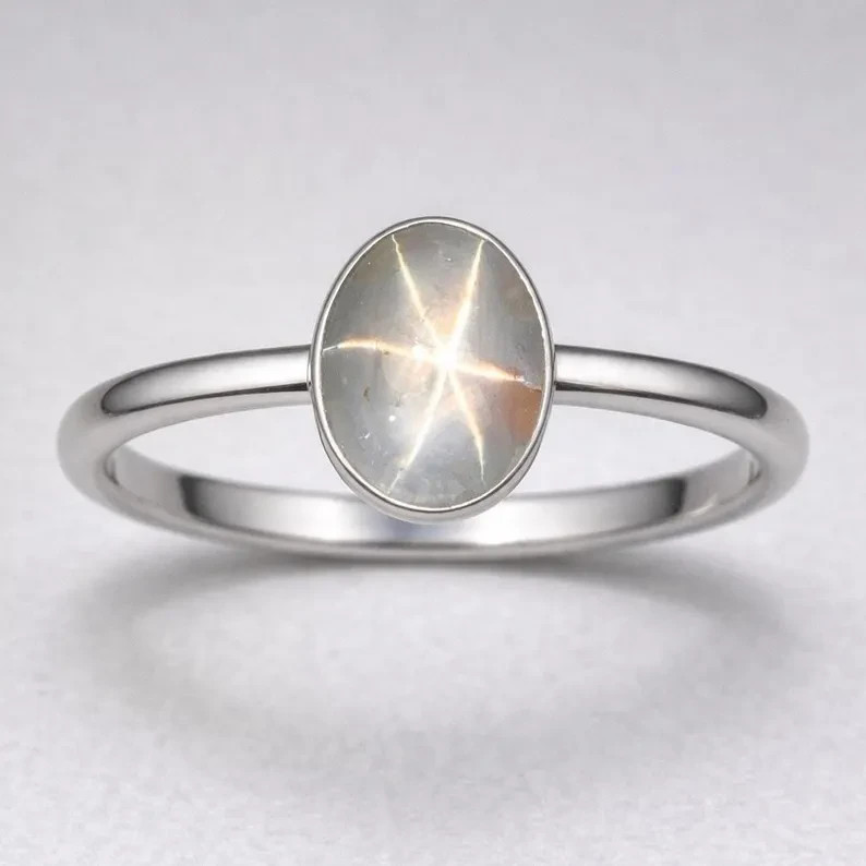 Natural White Star Sapphire Ring 925 Sterling Silver Minimalist Ring