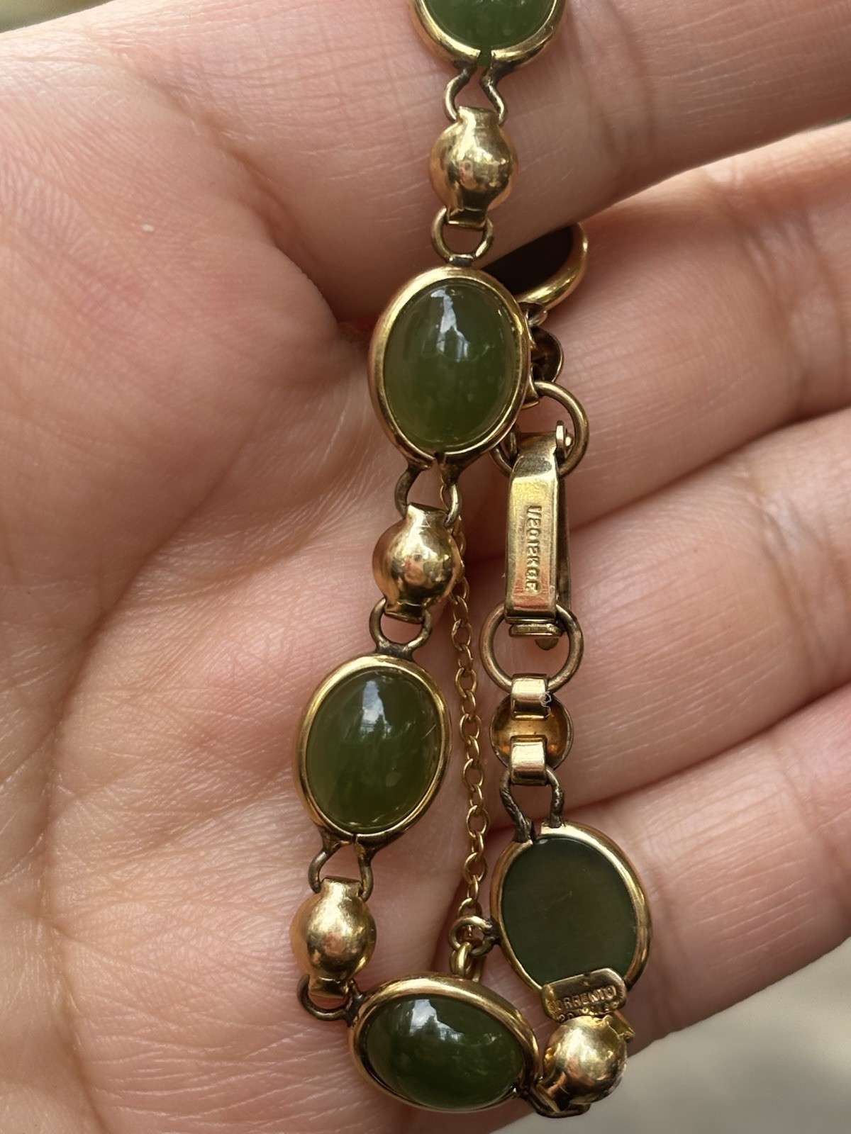 Vintage 12K Gold Filled Green Jade Bracelet 7” Oval Jade Link Womans Jewelry