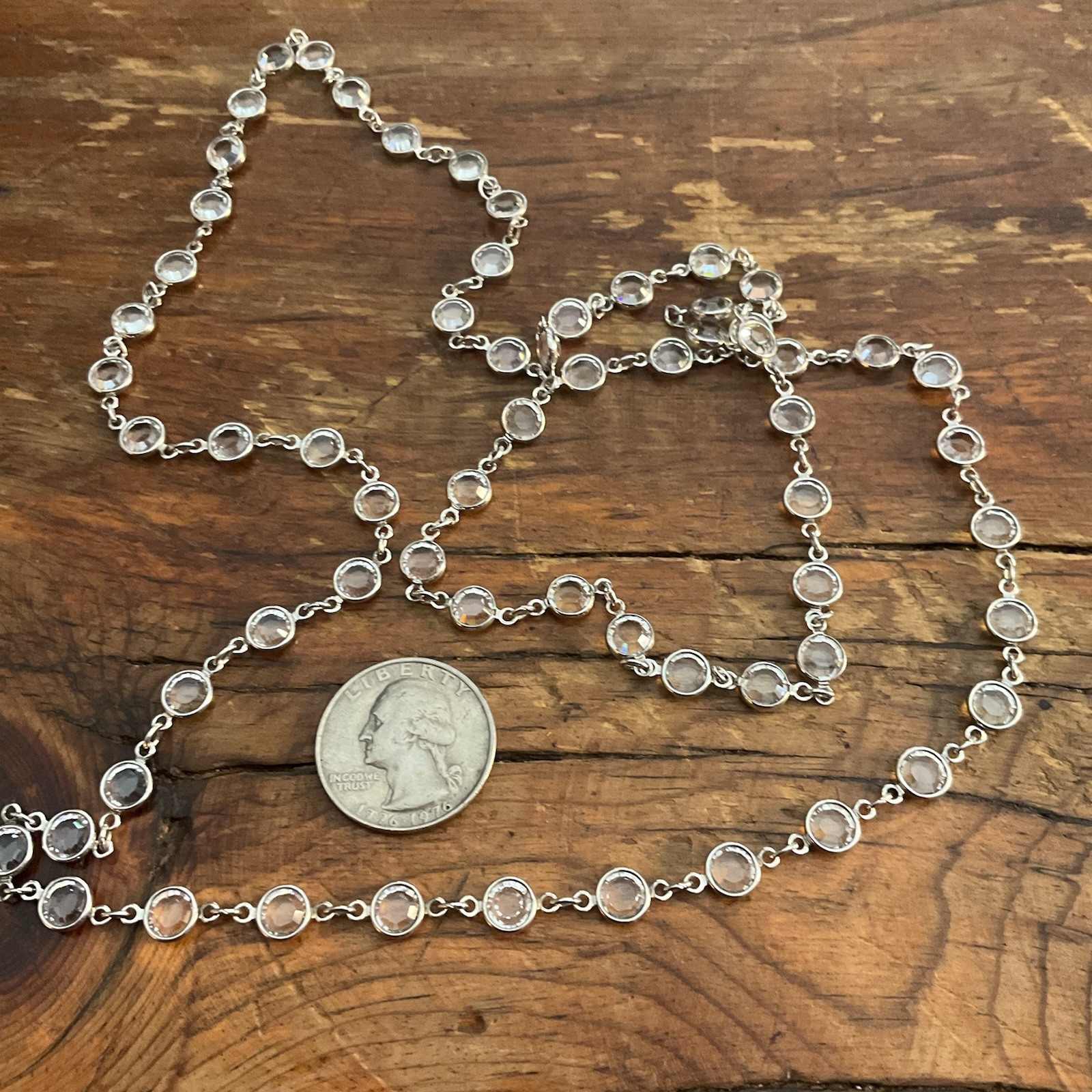 Vintage 36” Bezel Set Clear Austrian Crystal Open Back Discs Silver Tone
