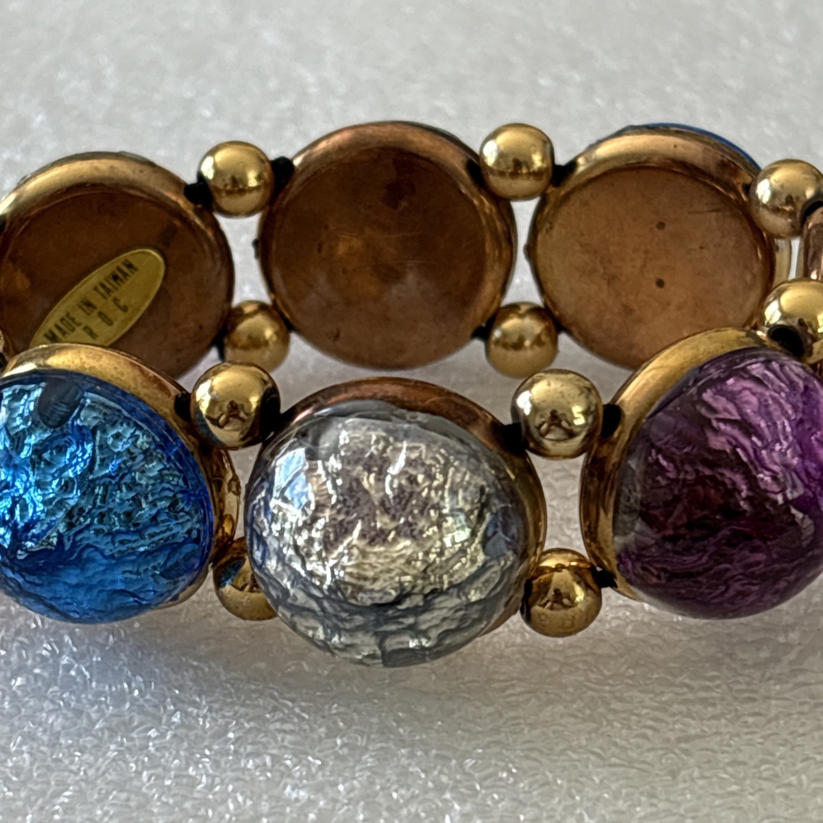 Vintage Plastic Foil Cabochon Stretch Bracelet Costume Jewelry Faux Gems NOS