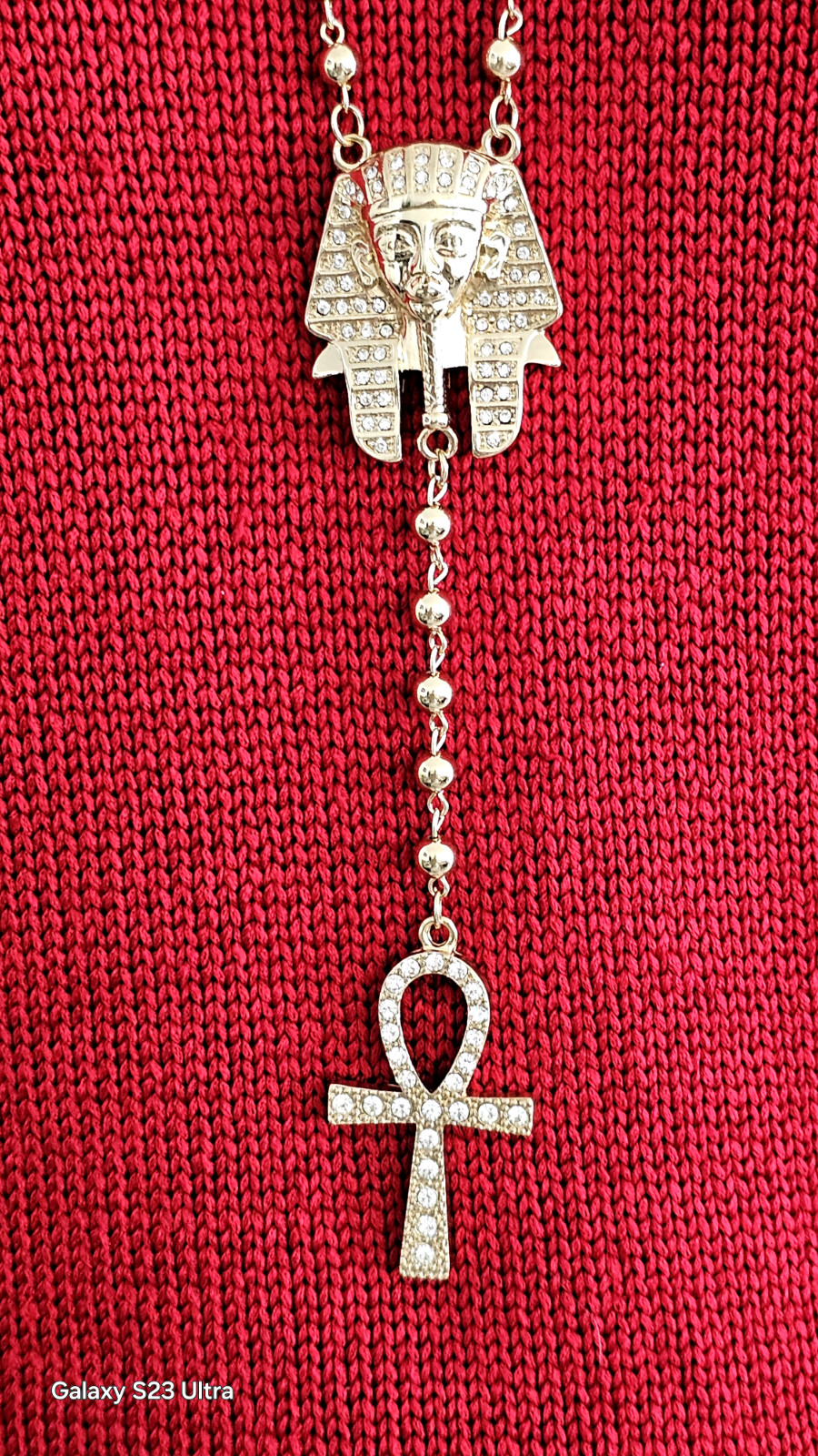 EGYPTIAN PHARAOH King Tut ankh cross21” bead rosary hip hop necklace. NWOT