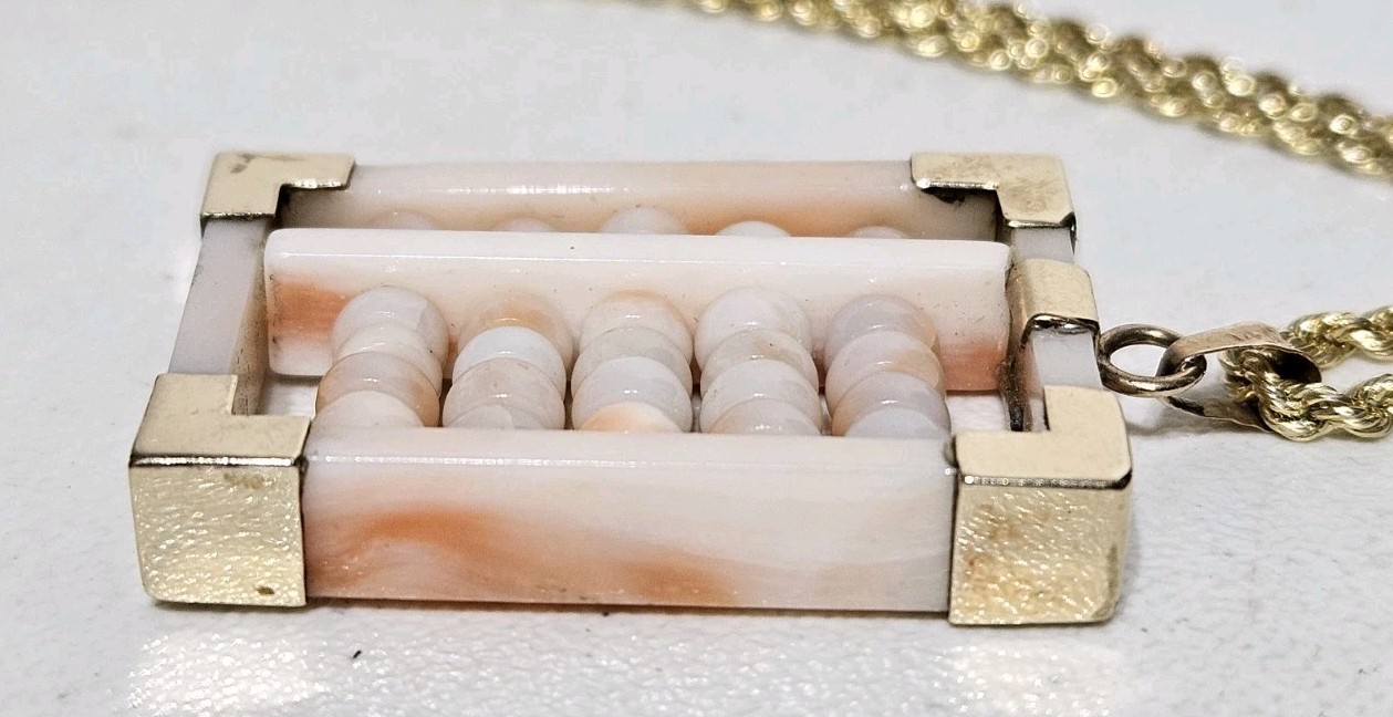 Vintage 14K Gold Angel Skin Coral Abacus Pendant 2mm Rope Chain Necklace 18-3/4″