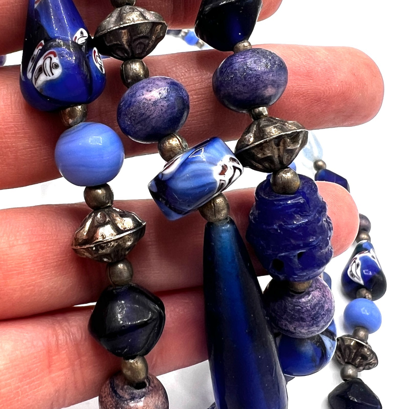 Three Strand Blue Purple Beaded Statement Necklace Artisan Boho Style 18″