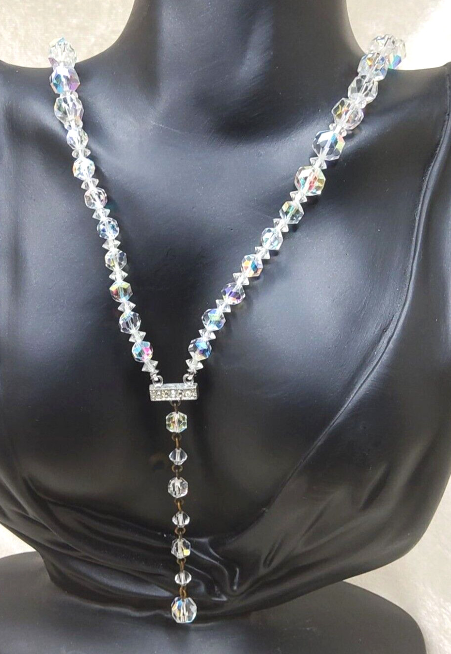 Vintage Crystal Acrylic Aurora Borealis Beaded Y Necklace With Elegant Drop