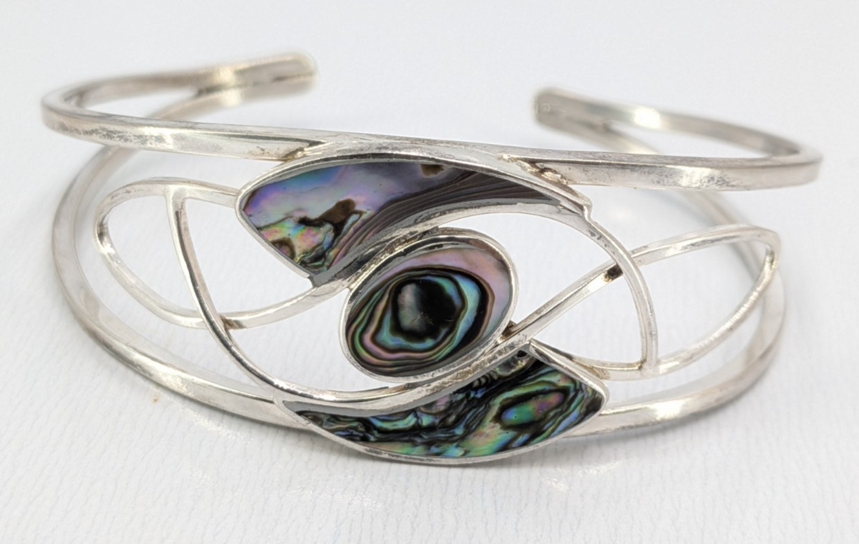 Vintage Abalone Shell Cuff Bracelet Silver Tone Openwork Swirl Small 6.5in Fit