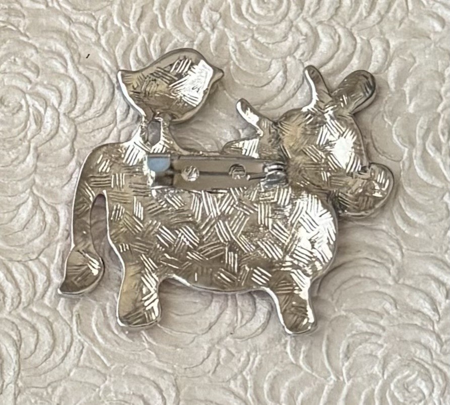 Enamel Cow / bird Brooch Pin / Enamel On Silver Tone Metal