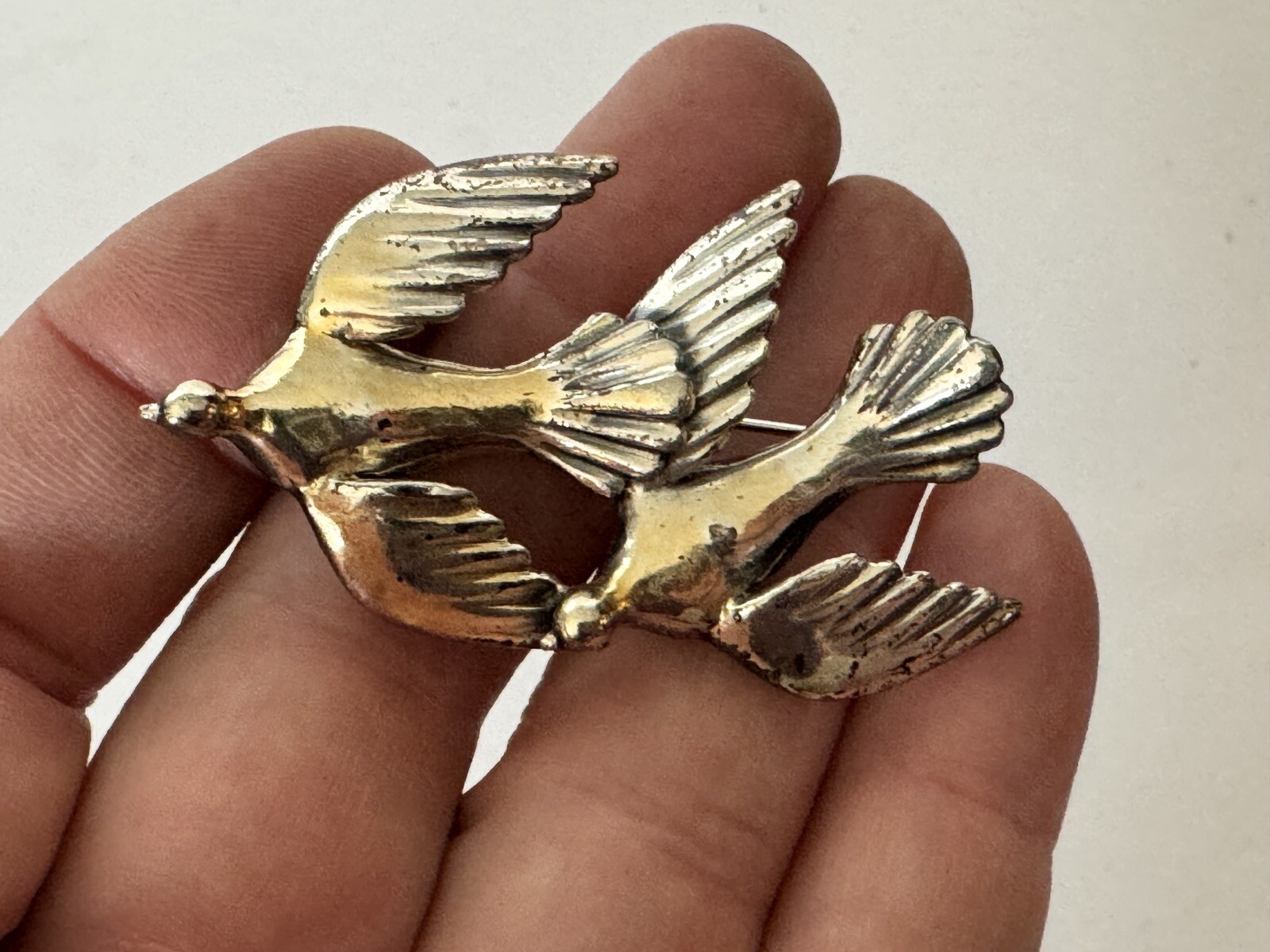 Vintage Signed Zentall 2 Flying Birds Silver-Tone Brooch Pin, 2.25″
