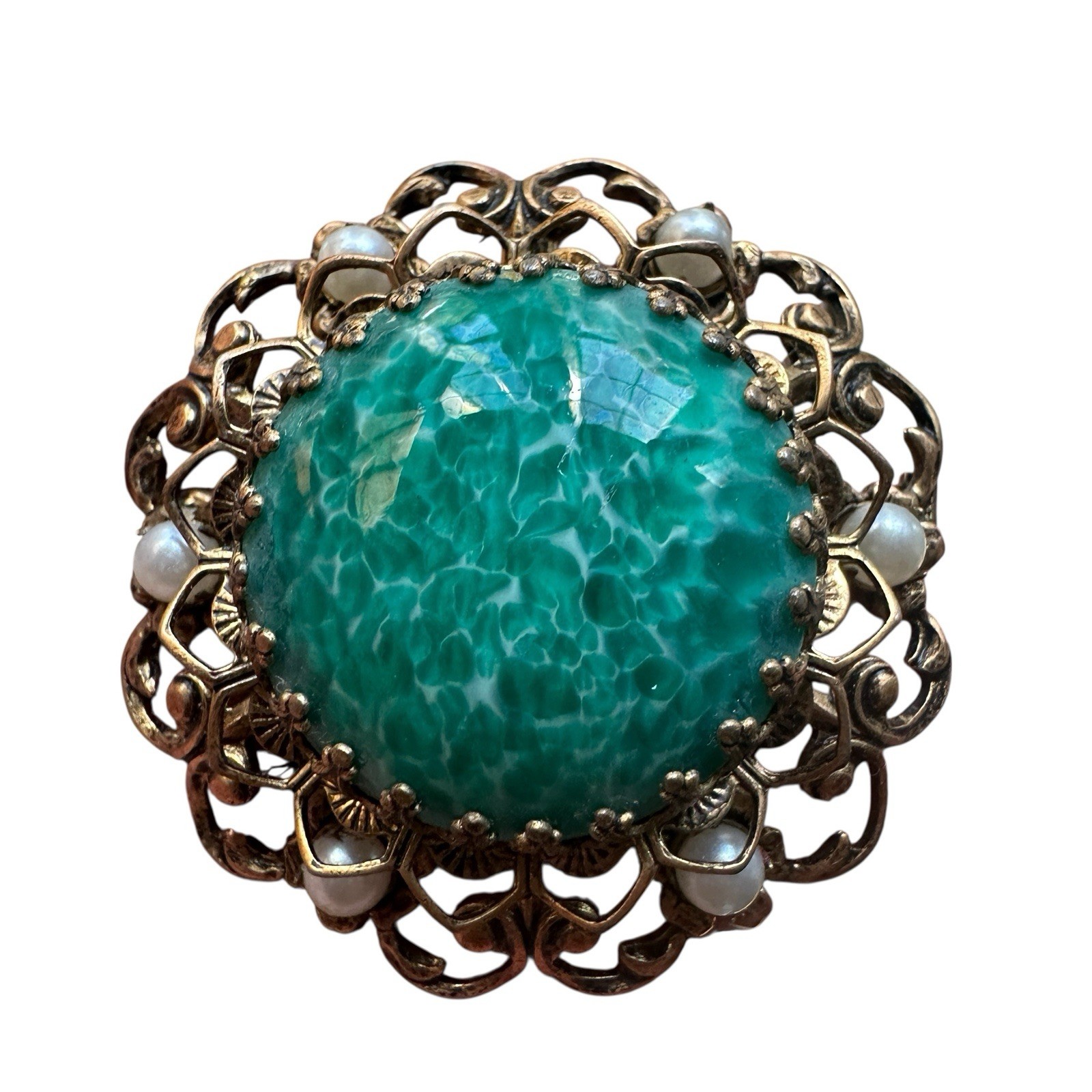 VTG Brooch Pendant 1.75 Inch Green Peking Art Glass Filigree Faux Pearl Gold