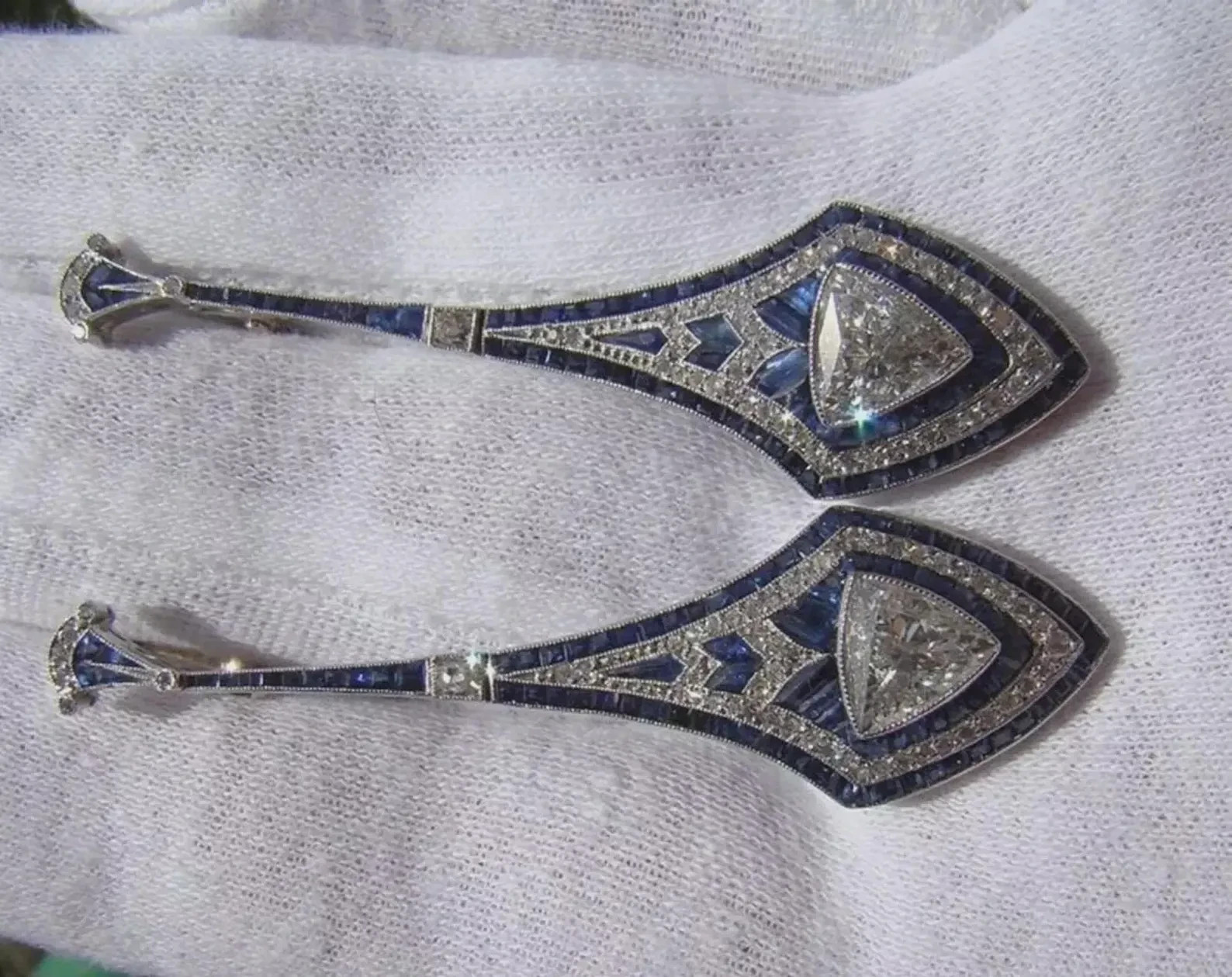 Art Deco Trillion Lab Created Diamond & Sapphire 14K White Gold FN Drop Earrings