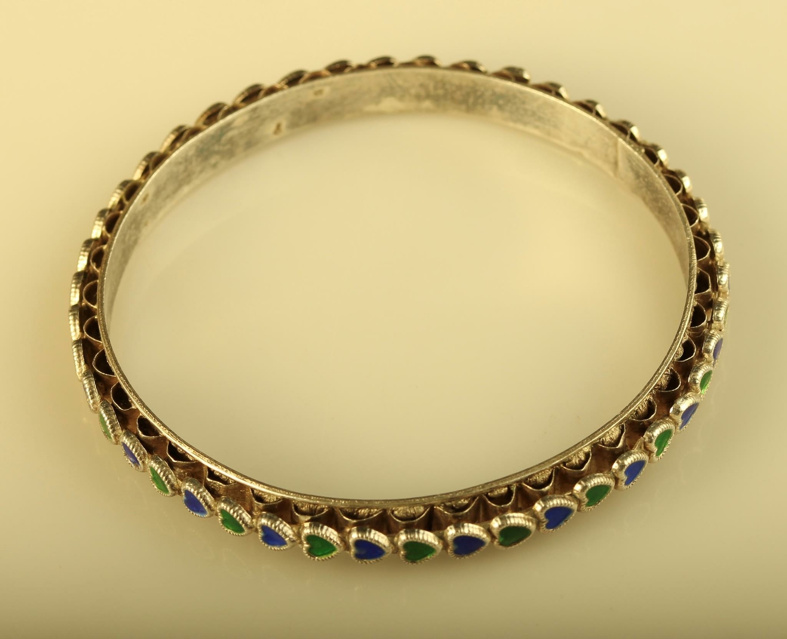 Vintage Sterling handmade Enamel Green and Blue Puff Heart Bangle Bracelet