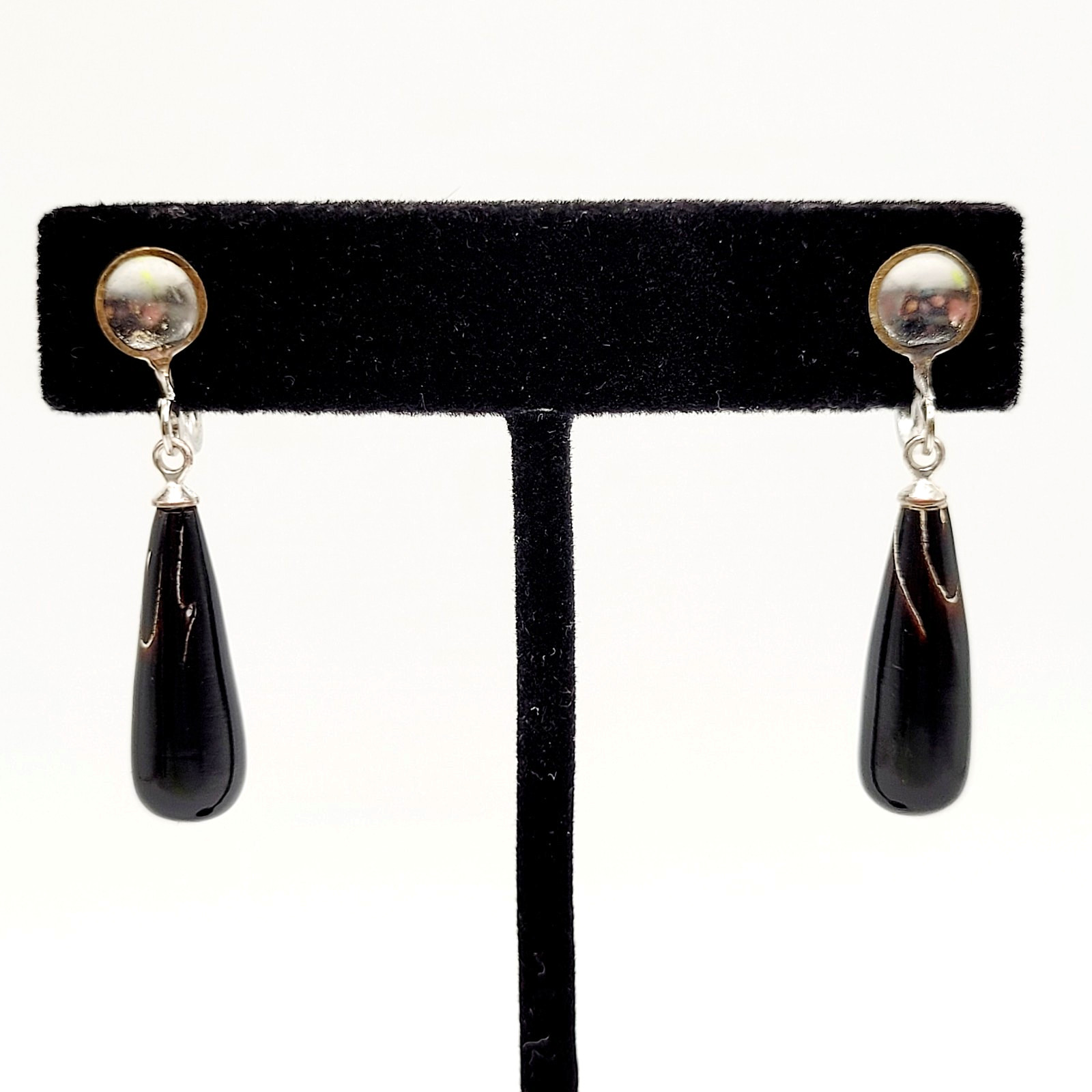 Hawaiian Natural Black Coral Teardrop Torpedo Mixed Tone Vtg Screw Back Earrings