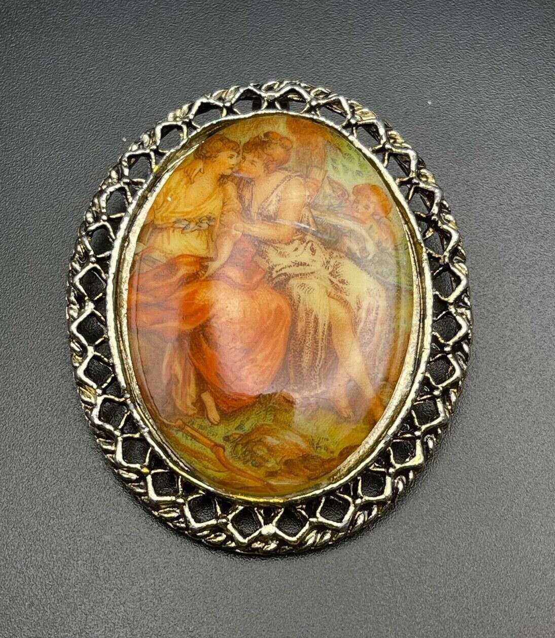 Vintage Victorian Scene Pin Pendant Gold Tone Metal From A Kit 1960s