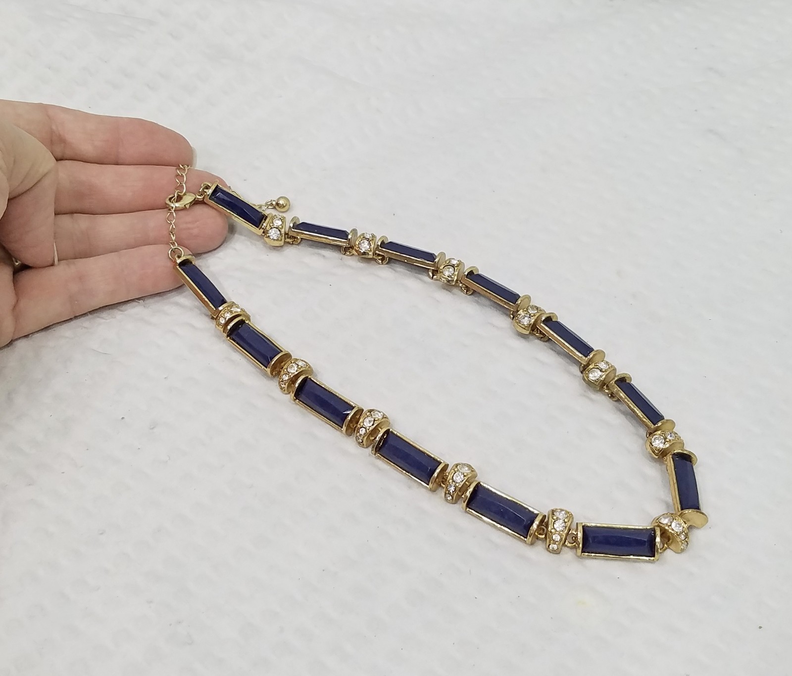 Vintage Faceted Navy Blue Acrylic & Crystal Gold Tone Tile Choker Necklace