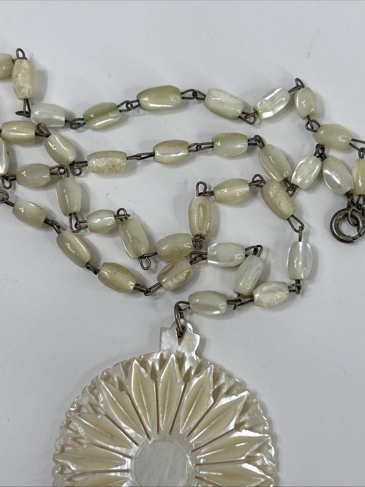 Necklace Carved Flower Daisy Sunburst Medallion Pendant Statement Rosary Beaded