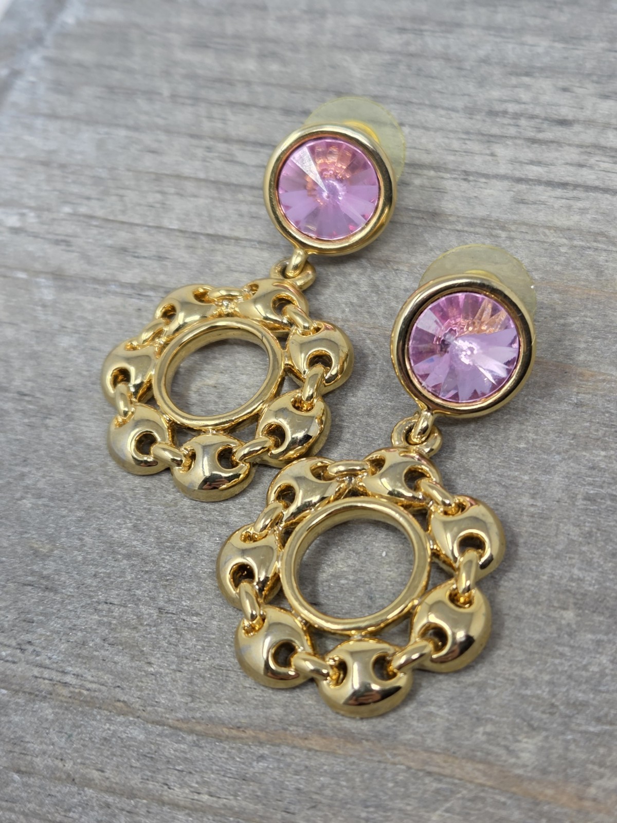 Gold Tone & Pink Acrylic Rhinestone Dangle Drop Hoop Earrings Vintage 1.7 Inches