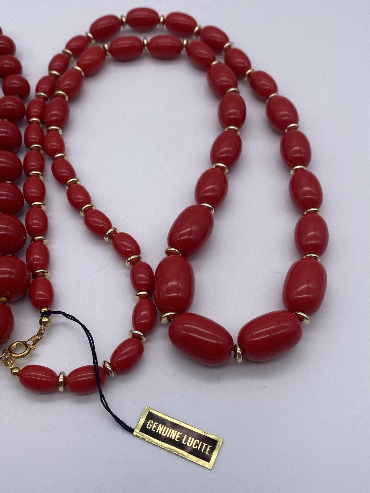 3 Vintage Genuine Lucite Red And Gold Tone Necklaces Made In Hong Kong
