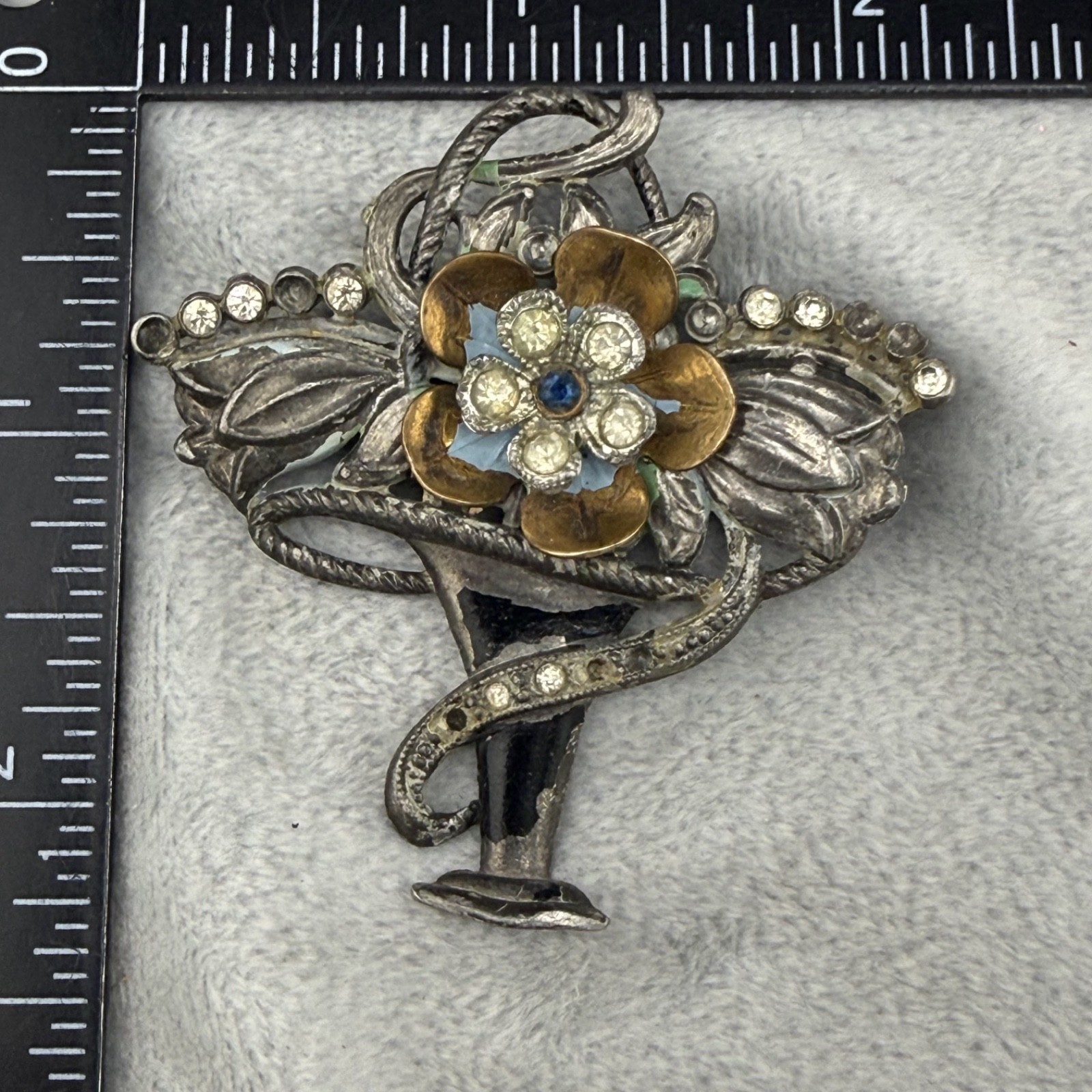 Vintage Potmetal Brooch Flower Basket Rhinestone New England Glassworks READ