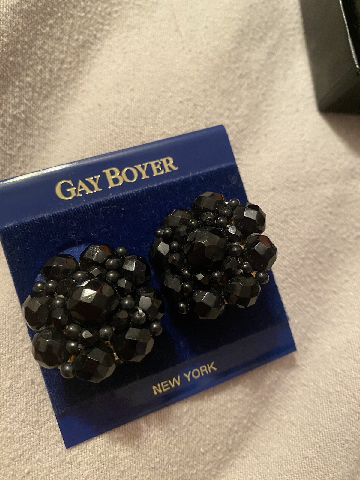 Gay Boyer Vintage Clip On Earrings Round Black Shimmer Enamel Gold Tone Flowers