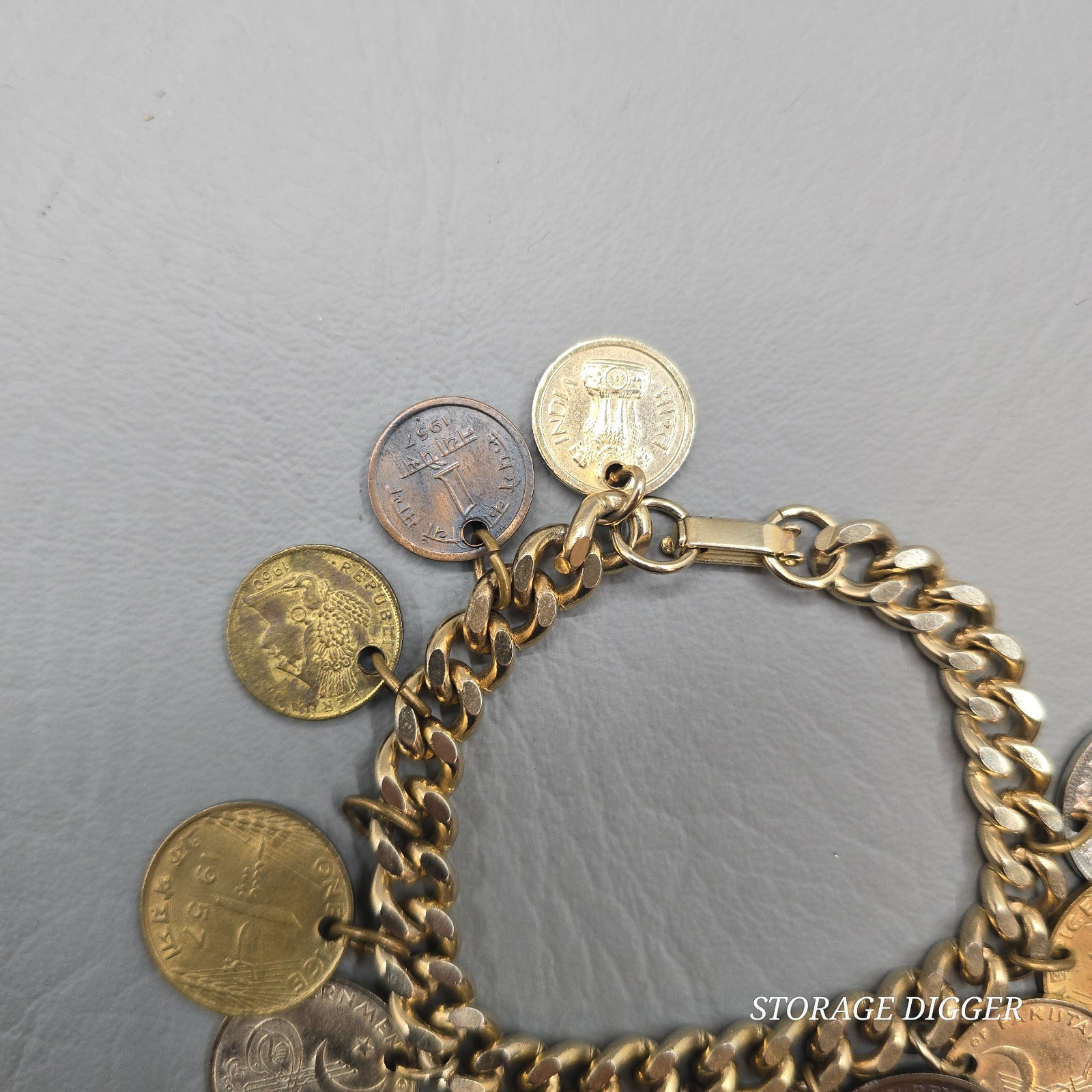 Vintage World Coins Charm Bracelet, Gold Tone Curb Link Chain, Fold Over Closure