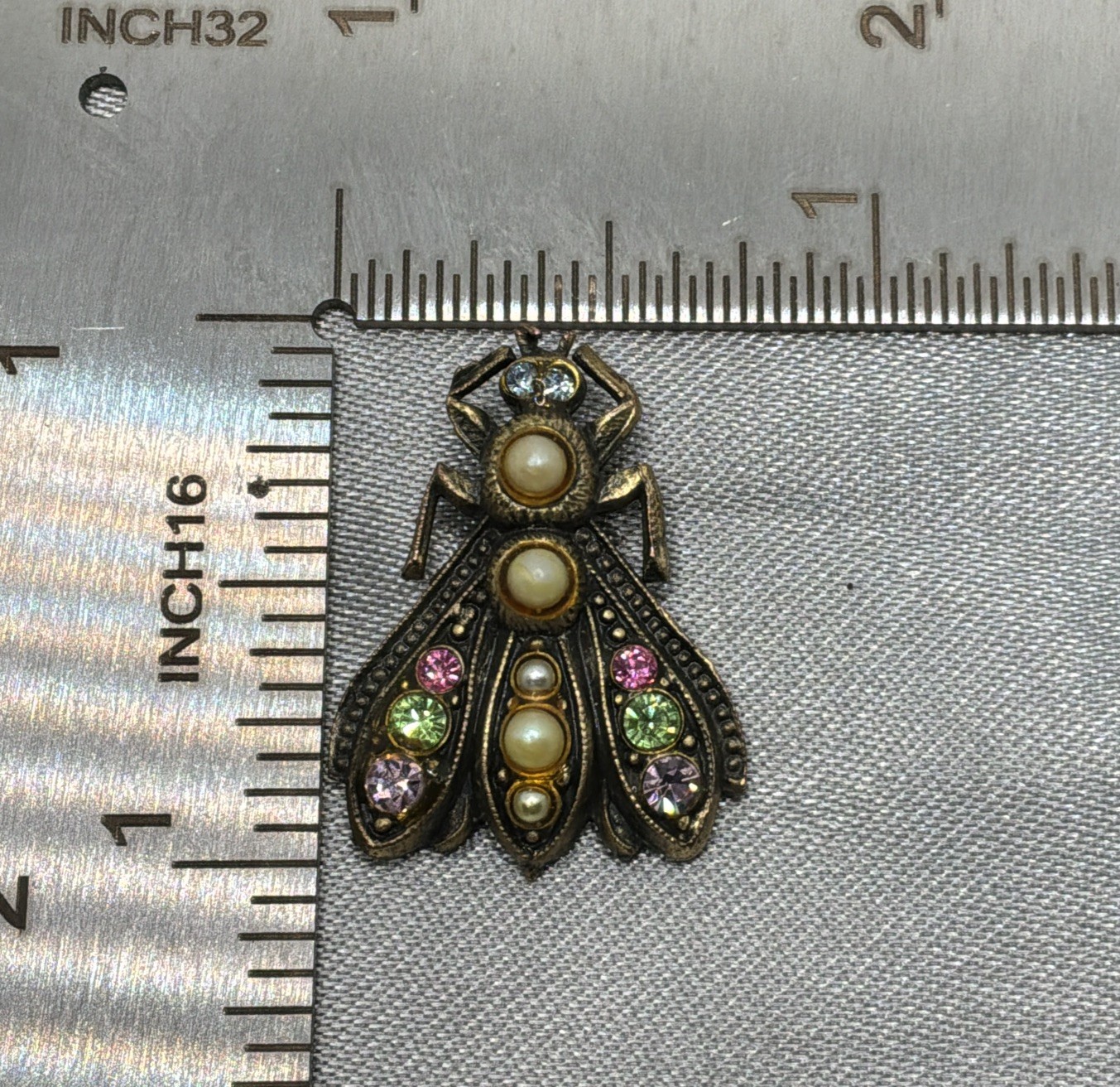 Vintage Bug Pendant Dragonfly Brooch Pin Faux Pearls Rhinestones Gold Tone READ