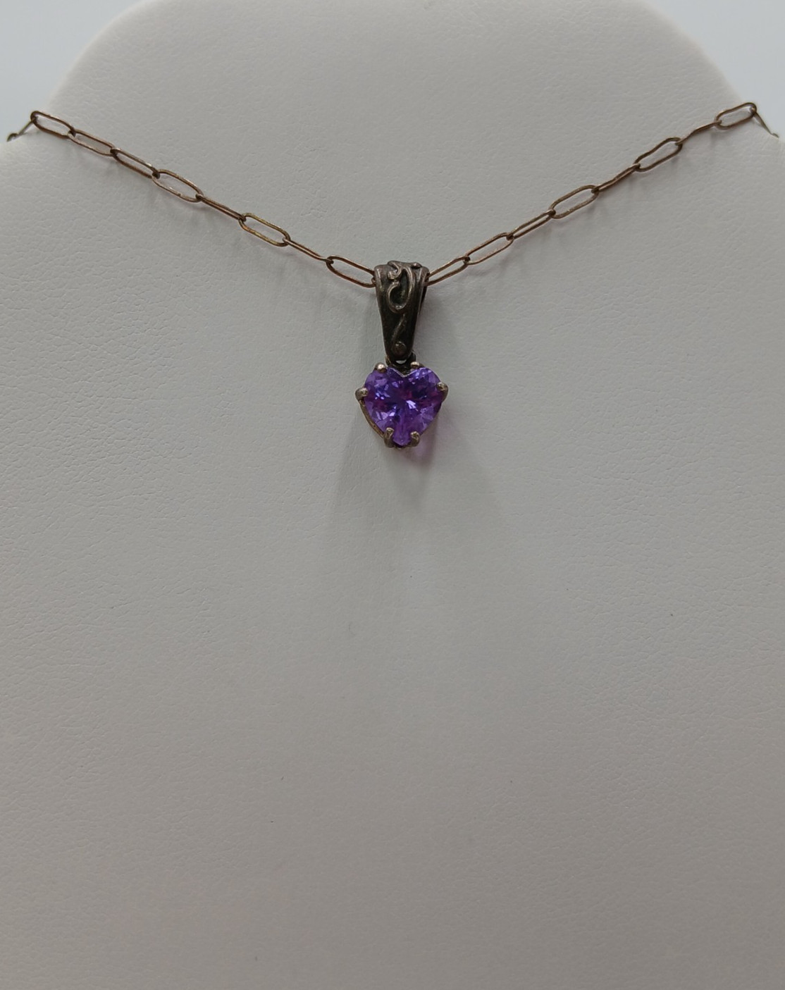 VTG 925 Amethyst CZ Heart Pendant Necklace 24in Sterling Silver 4gtw Scroll Bail