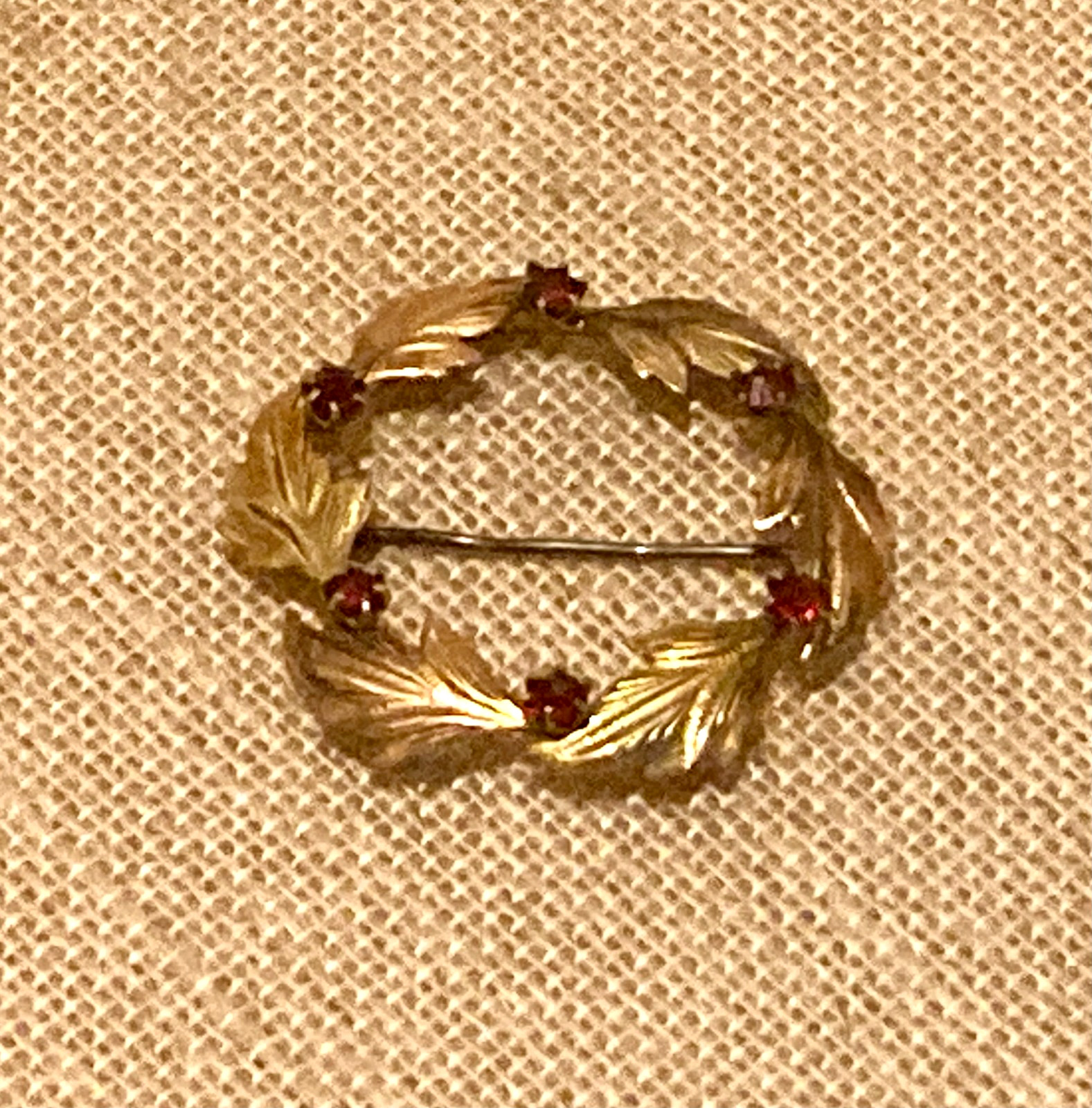 Vintage Gold Filled Brooch Leaf Wreath Red Rhinestone Signed CT