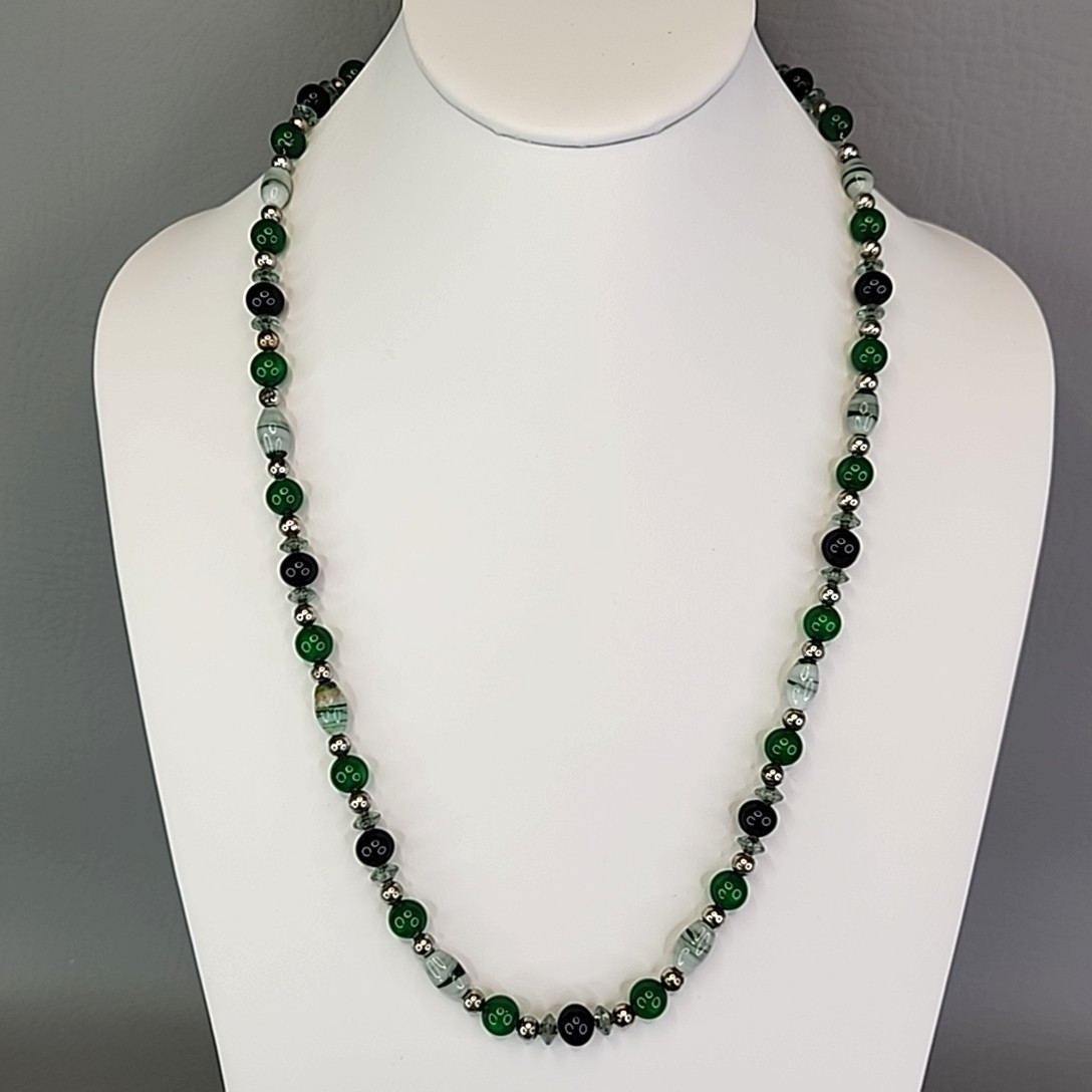 Vintage Glass Necklace Green Striped 24″