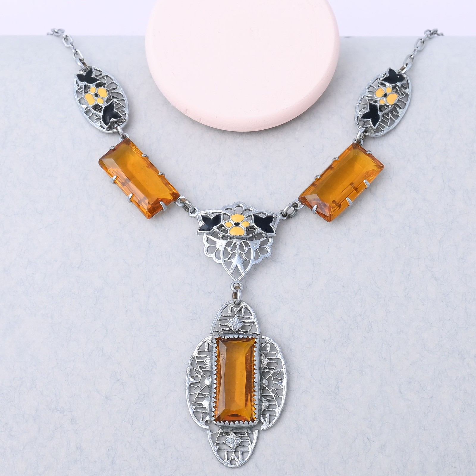 Vtg 1930s Art Deco Silver Filigree Rhodium Plate Flower Glass Enamel Necklace