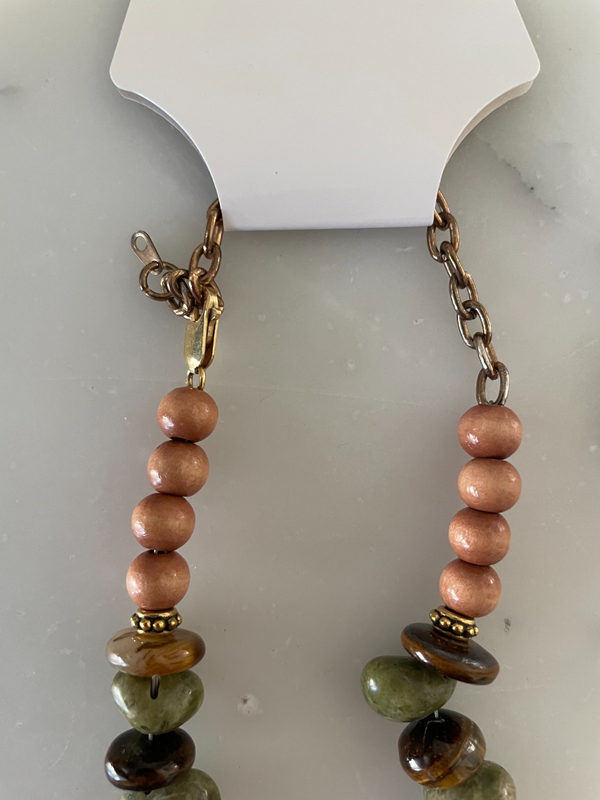 Vintage Nephrite Jade Necklace Nylon String Tigers Eye Filigree Brass Spacers