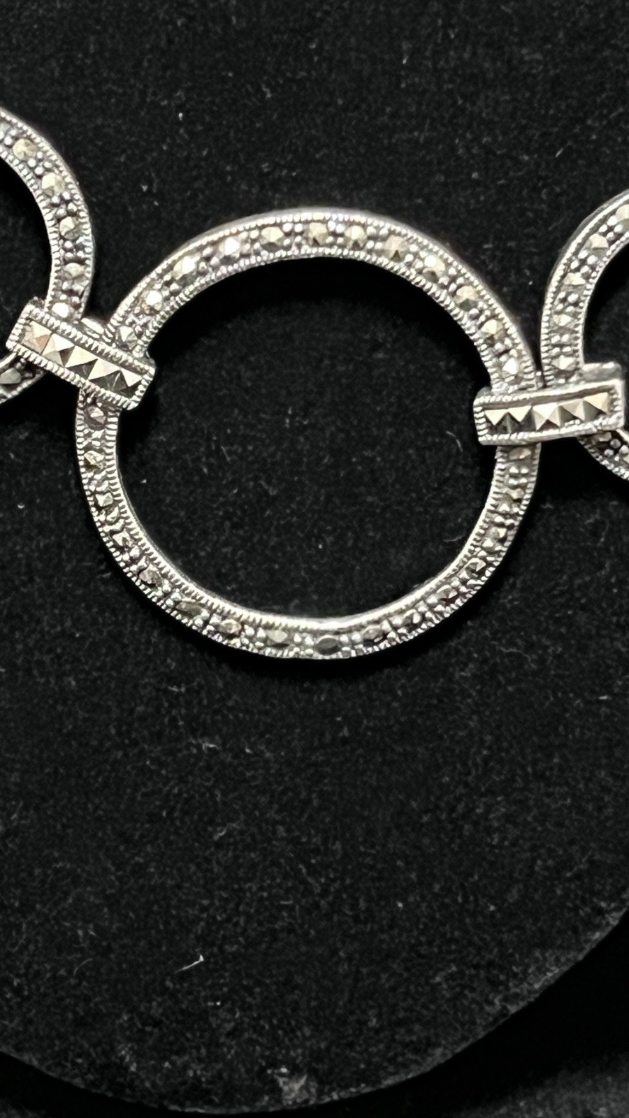 Gorgeous Deco 925 Sterling & Marcasite Circles Bar Link Necklace 19″. 76Grams