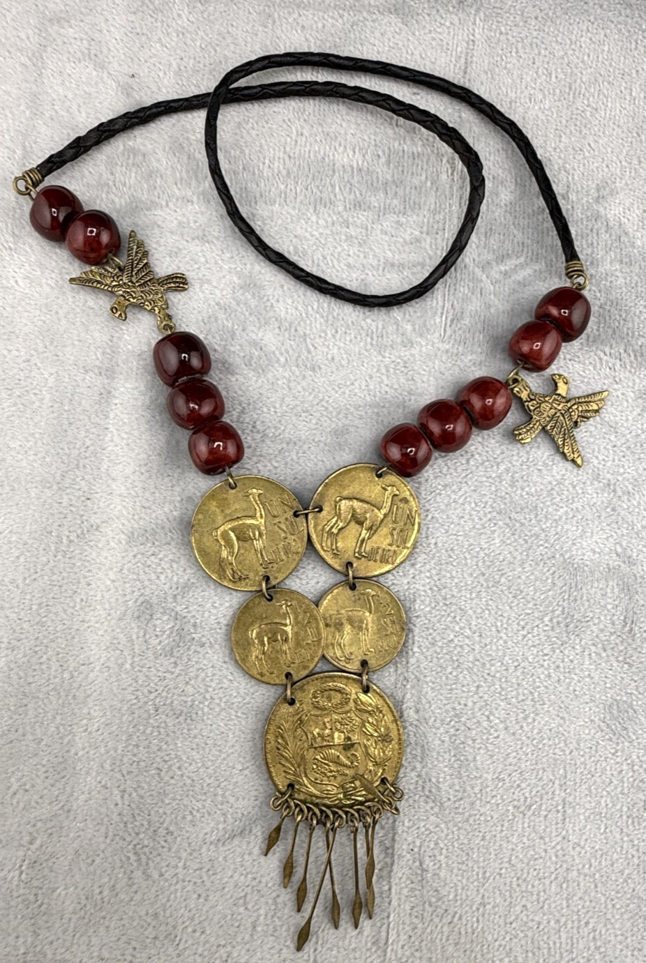 Vintage Peruvian Coin Necklace Leather Cord Red Beads Eagle Gold Tone 23″