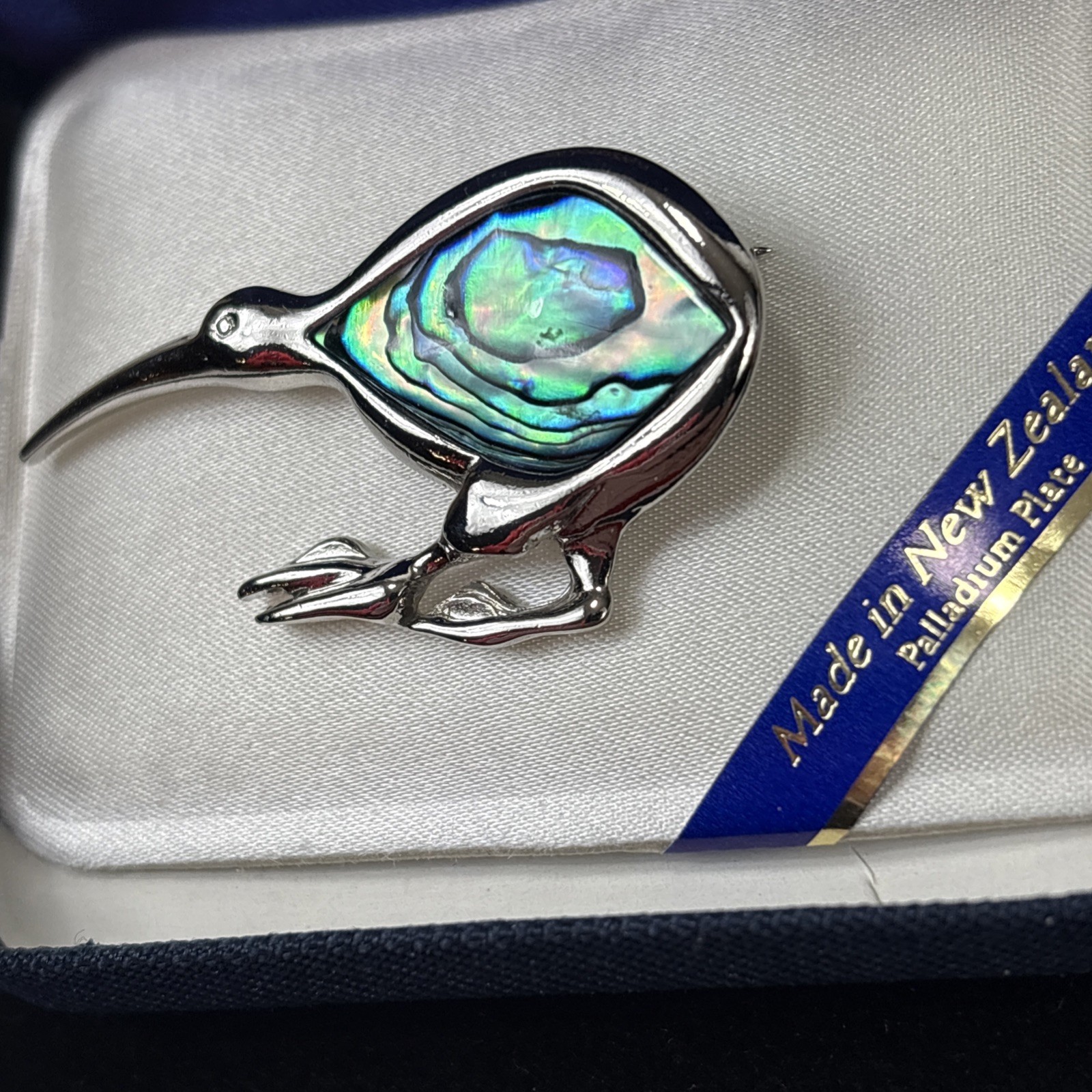 Ariki Paua Shell Inlay Silver Palladium Plate Blue Abalone Kiwi Bird Brooch Pin