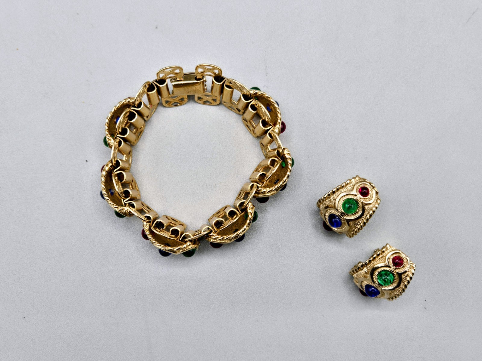 Vintage Chunky Filigree Cabochon Rhinestone Wide Panel Bracelet Earring Set