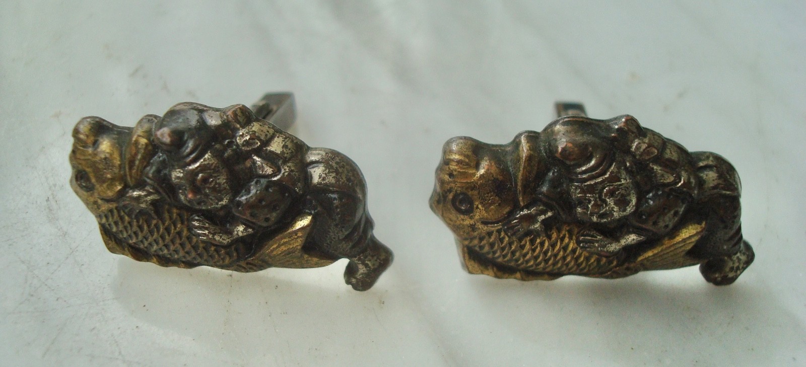 Vtg Menuki SHAKUDO Japanese Mixed Metal Sterling SILVER KOI Figural CUFFLINKS