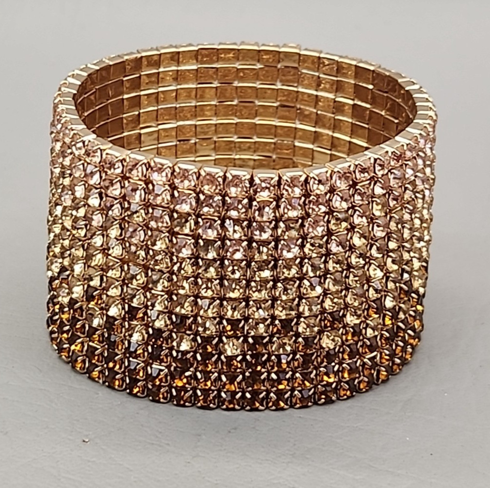 Wide Rhinestone Stretch Bracelet Ambre Peach to Brown 6.75″