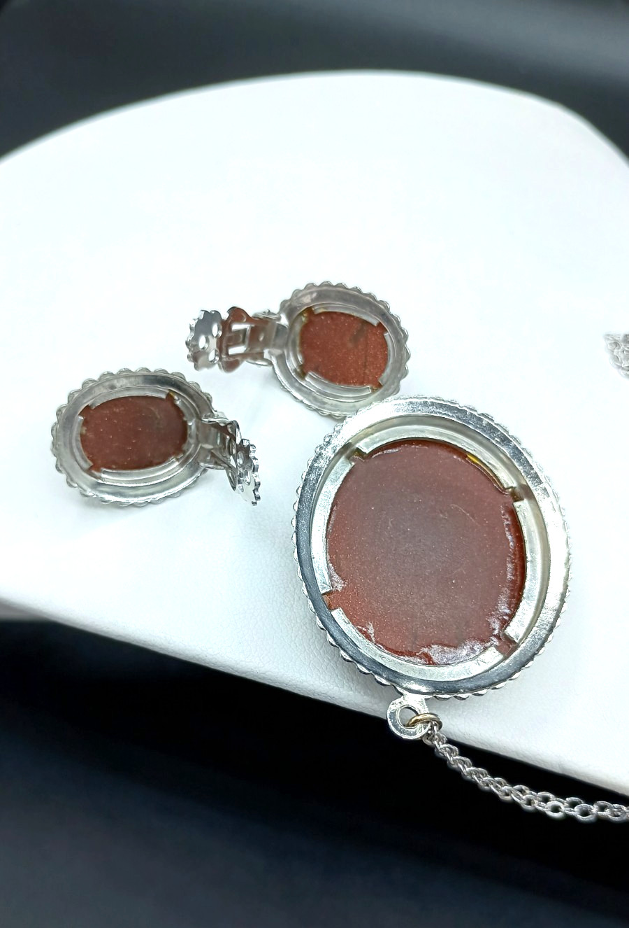 Vintage Goldstone Necklace Clip On Earrings Set Silver Tone