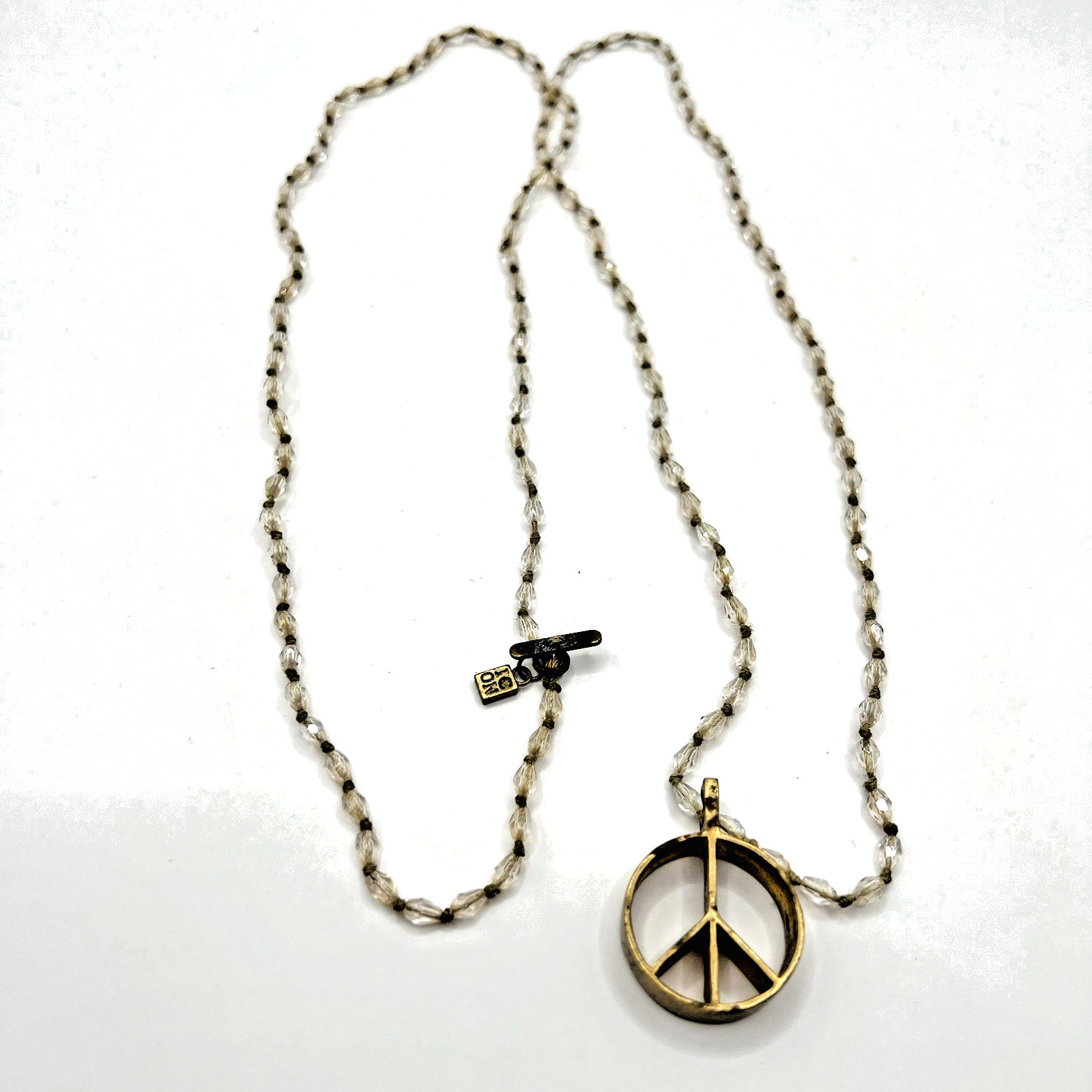 ICON Peace Sign Necklace Brass and Glass Beaded Chain 38” Long Casual Every Day