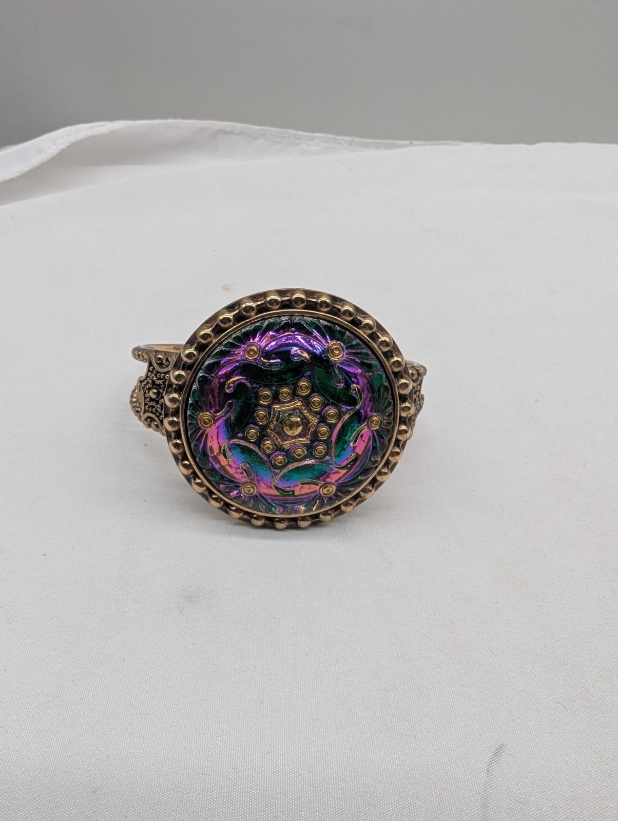 Huge Amy Kahn Russell Bronze Iridescent Art Glass Cuff Bracelet Sz 7.5