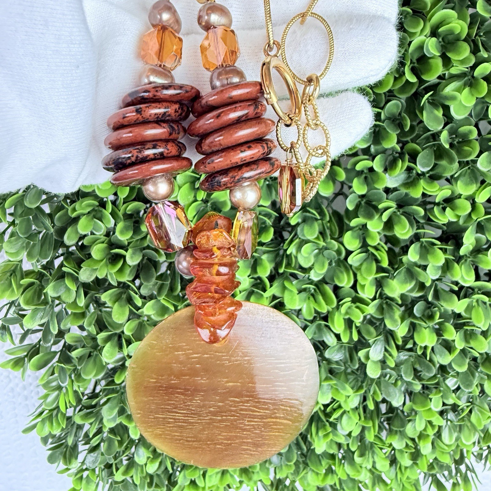Vintage 14K Gold Filled Baltic Amber Pearl Chunky Chain Link Pendant Necklace