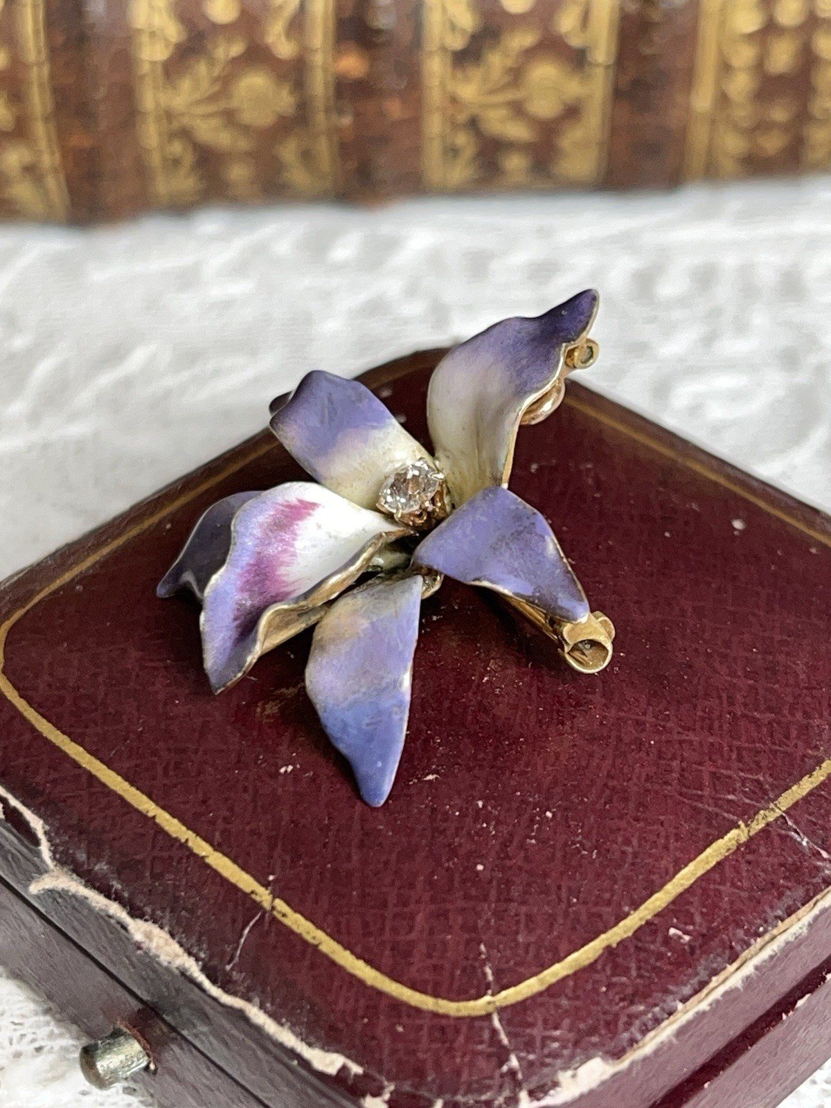 Antique Art Nouveau 14k Purple Enamel Diamond Orchid Brooch Pendant Original Box